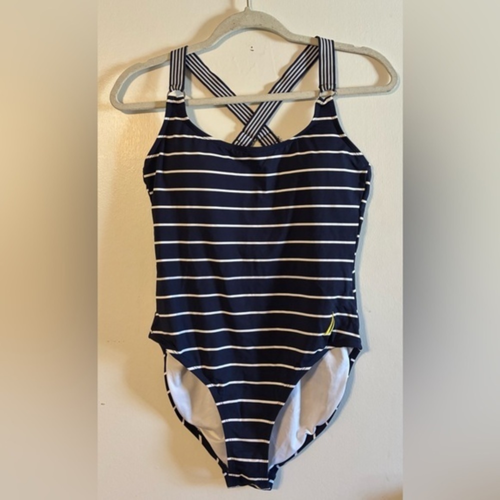Nautica Navy & White Striped One Piece Swimsuit Women’s Size Large 12 14